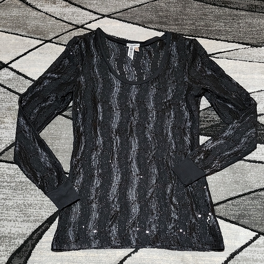 BKE EASED BLACK SEQUINS LACE SCOOP-NECK LONG-SLEEVE TOP